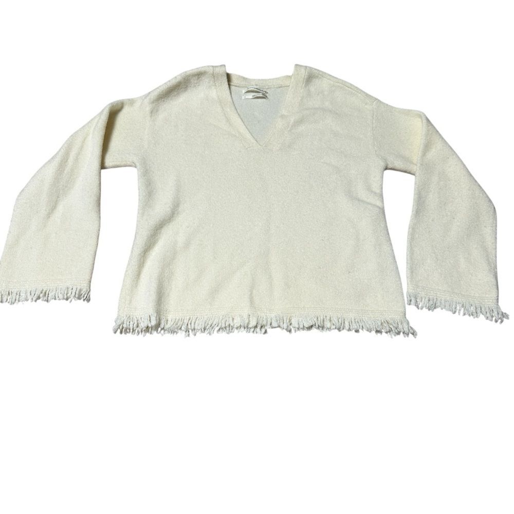Anthropologie Cream Fringe Hem V-Neck Sweater Alpaca Blend Women’s Small